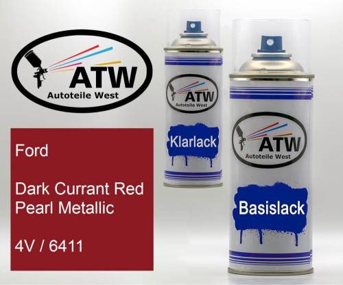 Ford, Dark Currant Red Pearl Metallic, 4V / 6411: 400ml Sprühdose + 400ml Klarlack - Set, von ATW Autoteile West.